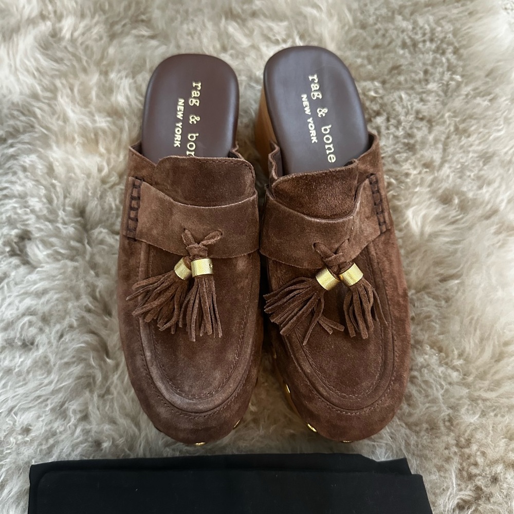 Chocolate Brown Women's Maisie Clogs Suede Tassel - Picture 2 of 3